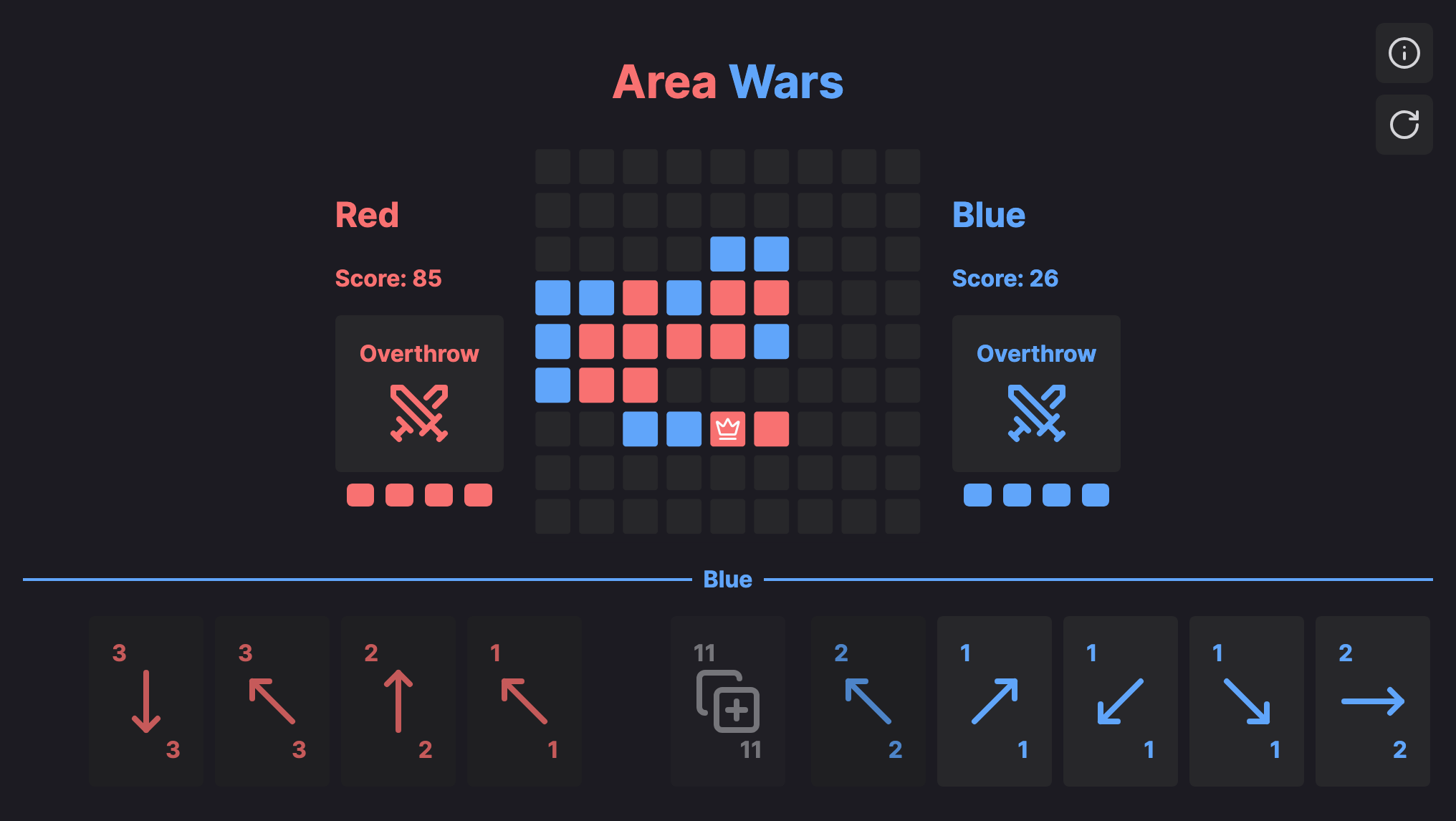 An example page where red is winning 85 to 26.