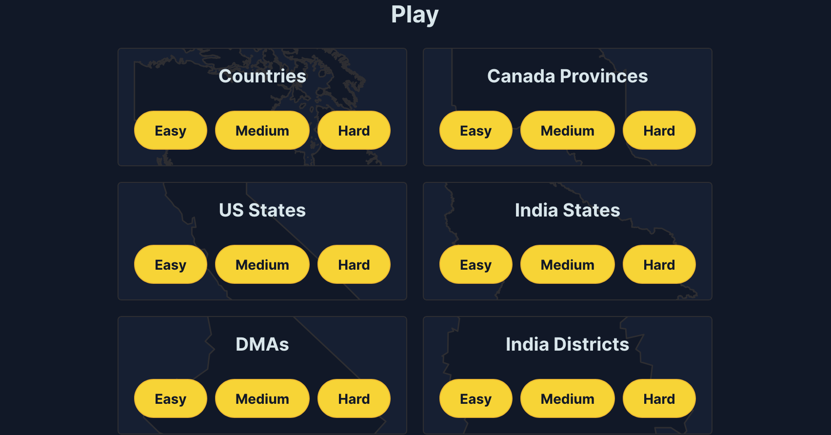 Game modes including Countries, Canada Provinces, US States, and more.